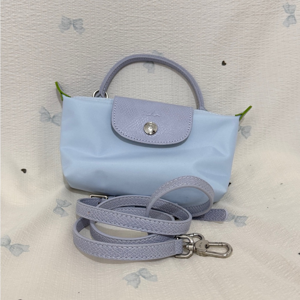 Longchamp Pastel Blue Mini Top-Handle with Lavender Trim